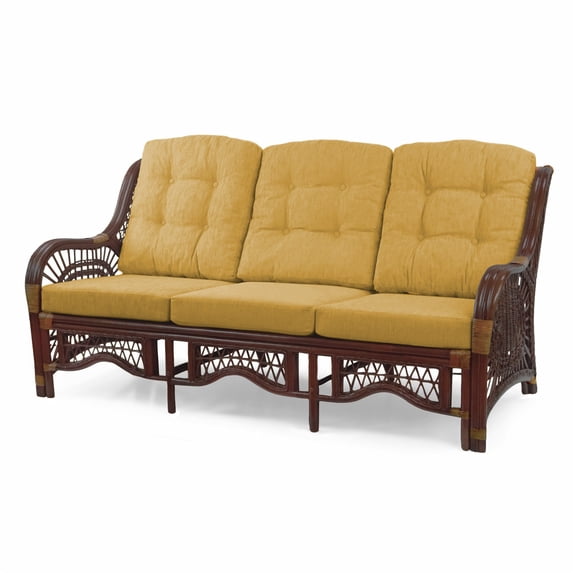 Malibu Lounge Three-Seater Sofa Natural Rattan Wicker Handmade Design with Light Brown Cushions, Dark Brown