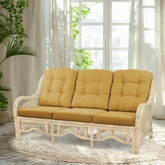 Malibu Lounge Three-Seater Sofa Natural Rattan Wicker Handmade Design with Light Brown Cushions, Natural Color