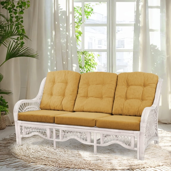 Malibu Lounge Three-Seater Sofa Natural Rattan Wicker Handmade Design with Light Brown Cushions, White Color