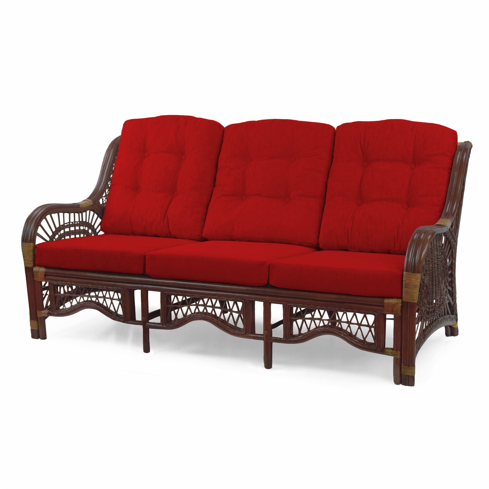 Malibu Lounge Three-Seater Sofa Natural Rattan Wicker Handmade Design with Red Cushions, Dark Brown