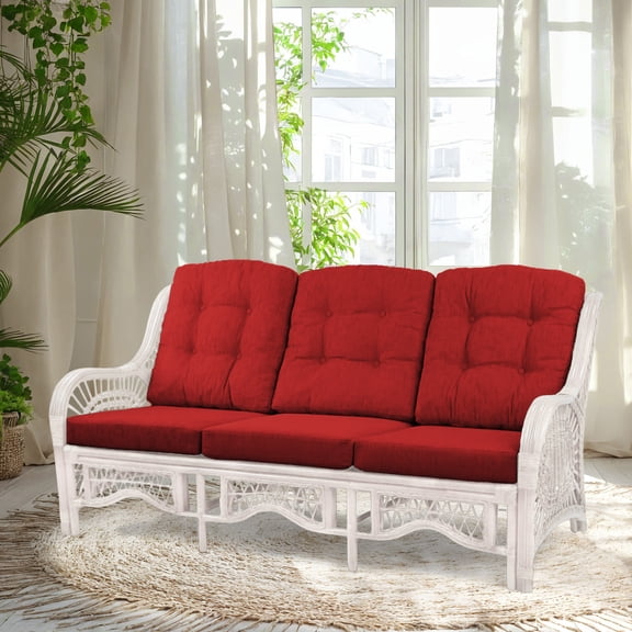 Malibu Lounge Three-Seater Sofa Natural Rattan Wicker Handmade Design with Red Cushions, White Color