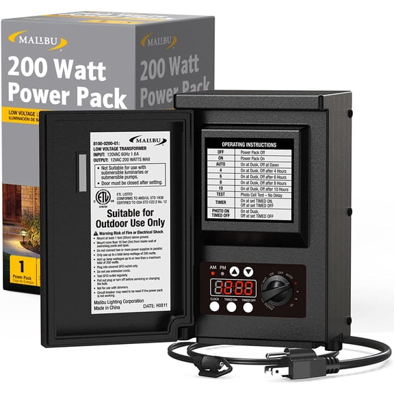 Malibu Low Voltage Landscape Transformer 200W Low Voltage Landscape Lighting Power Pack for Outdoor Spotlight Path Light Floodlight 120V to12V with Photo Sensor Timer and Weatherproof Shield