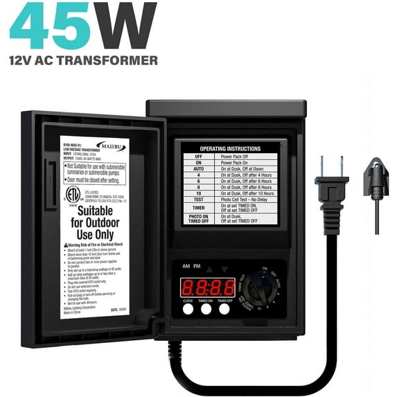 Malibu Low Voltage Transformer 45 Watt for Outdoor Landscape Lighting with Photocell Sensor Timer and Weather Shield for Spotlight Floodlight Garden Pathway Light 120V AC to 12V AC