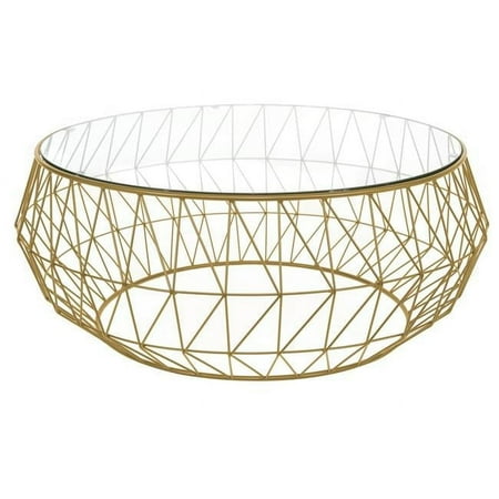 Malibu Modern Round Glass Top Coffee Table with Metal Base, Gold