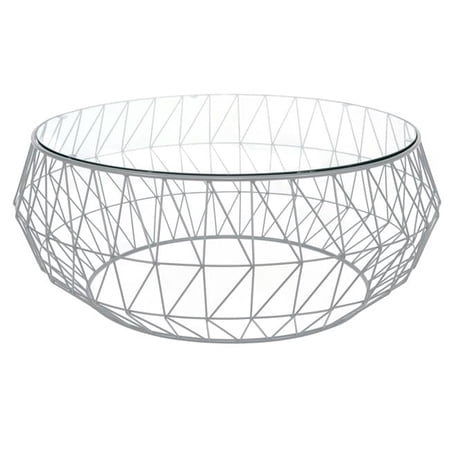 Malibu Modern Round Glass Top Coffee Table with Metal Base, Grey