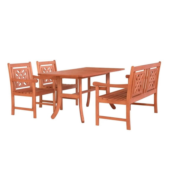 Malibu Outdoor Eucalyptus Wood 4-Piece Patio Dining Set with Rectangle Table, 4-Seater
