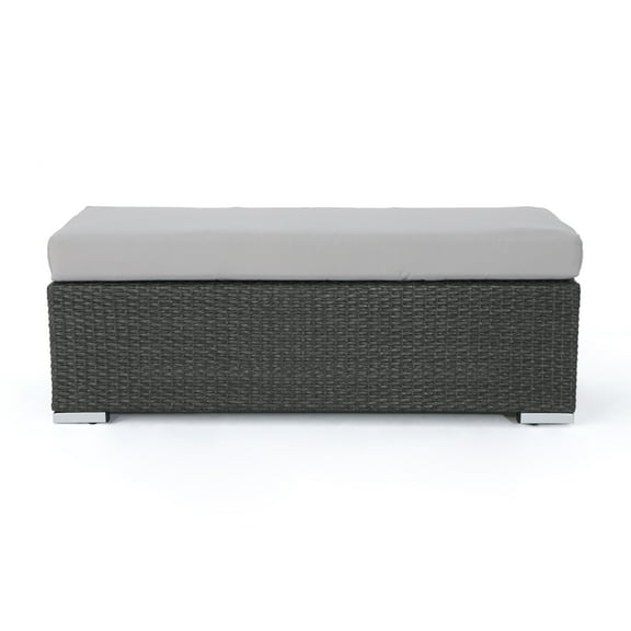 Malibu Outdoor Wicker Dining Bench with Water Resistant Cushion, Grey and Silver