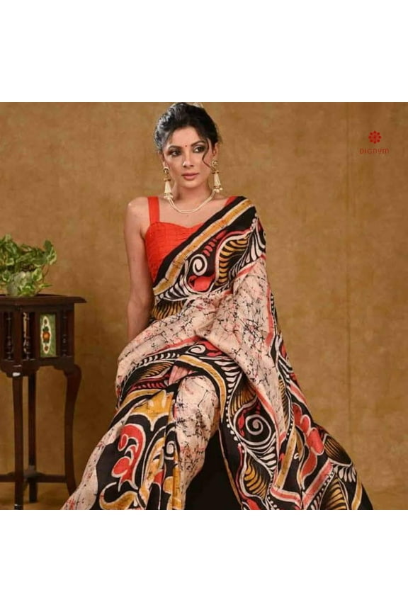 Malibu Peach Hand Painted Batik Pure Silk Saree