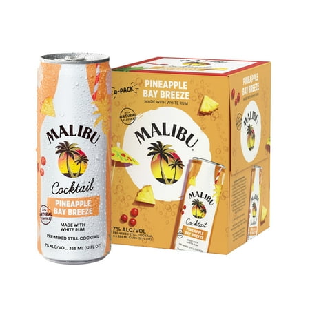 Malibu Pineapple Bay Breeze Ready to Drink Rum Cocktail, 4 Pack, 12 fl oz Cans, 7% ABV