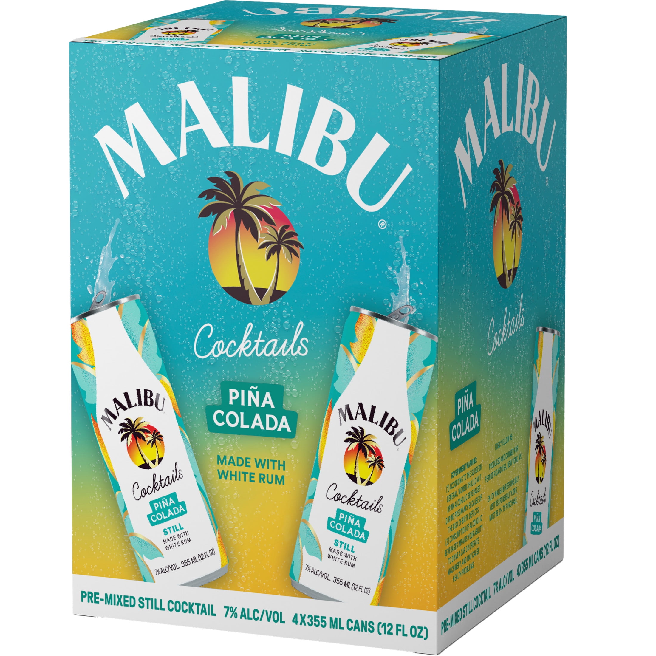 Malibu Pina Colada Ready to Drink Rum Cocktail, 4 Pack, 12 fl oz Cans, 7% ABV