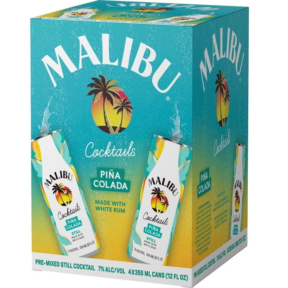 Malibu Pina Colada Ready to Drink Rum Cocktail, 4 Pack, 12 fl oz Cans, 7% ABV