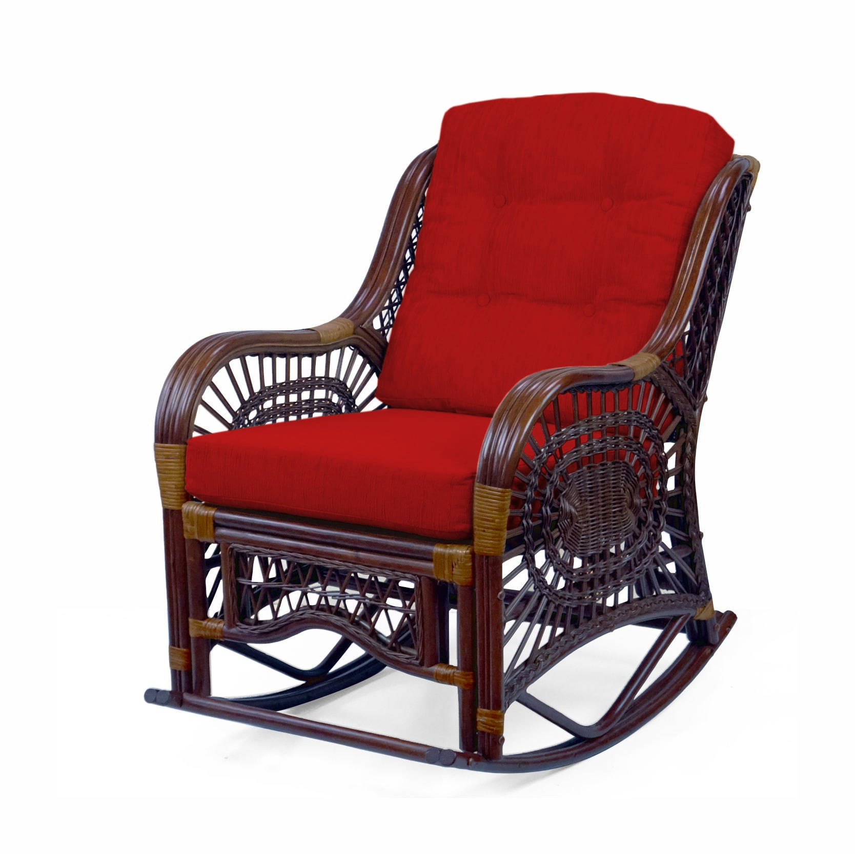 Malibu Rocking Handmade Lounge Chair ECO Natural Wicker Rattan, Dark Brown Color, Red Cushions