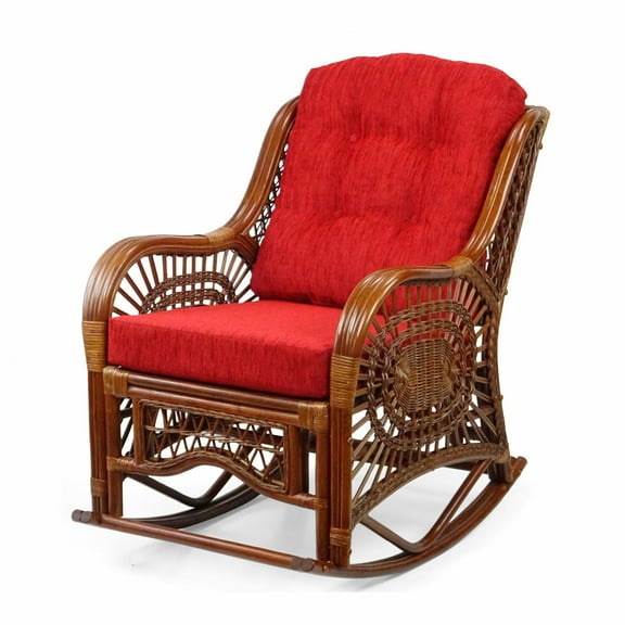 Malibu Rocking Handmade Lounge Chair ECO Natural Wicker Rattan, Colonial Color, Red Cushion