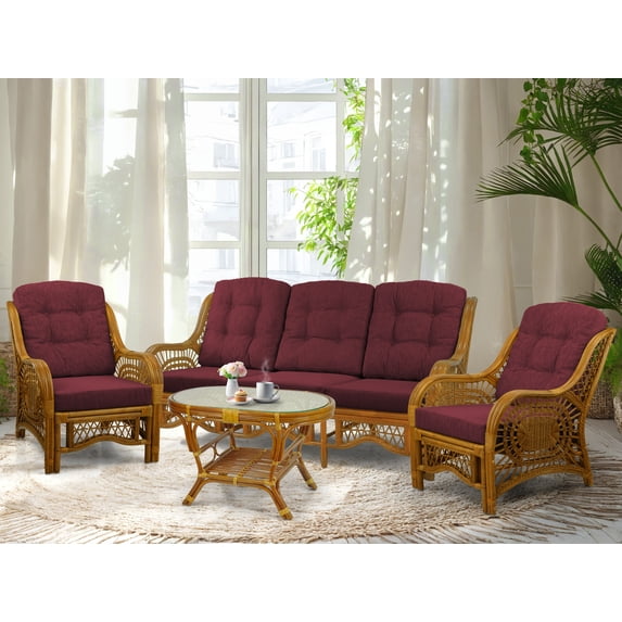 Malibu Set of 2 Natural Rattan Wicker Lounge Chairs, Three-Seater Sofa w/Dark Brown Cushion and Coffee Table w/Glass, Colonial