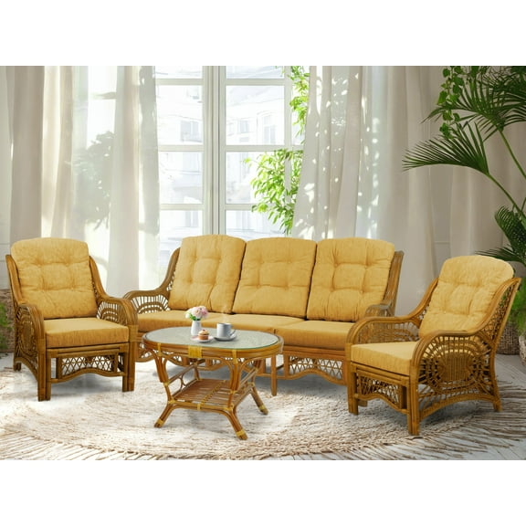 Malibu Set of 2 Natural Rattan Wicker Lounge Chairs, Three-Seater Sofa w/Light Brown Cushion and Coffee Table w/Glass, Colonial