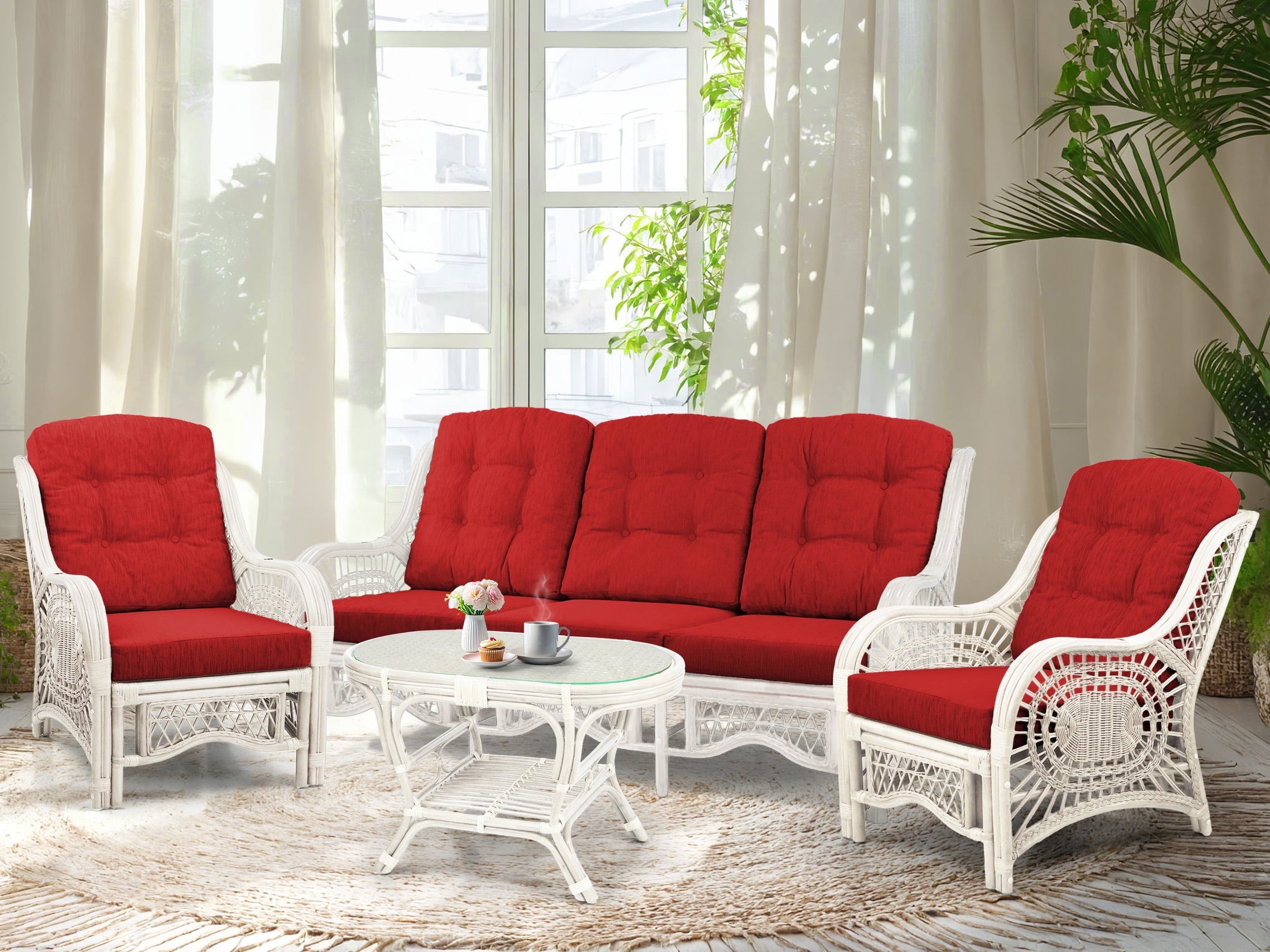 Malibu 4-Piece Natural Rattan Wicker Lounge Set with Red Cushions