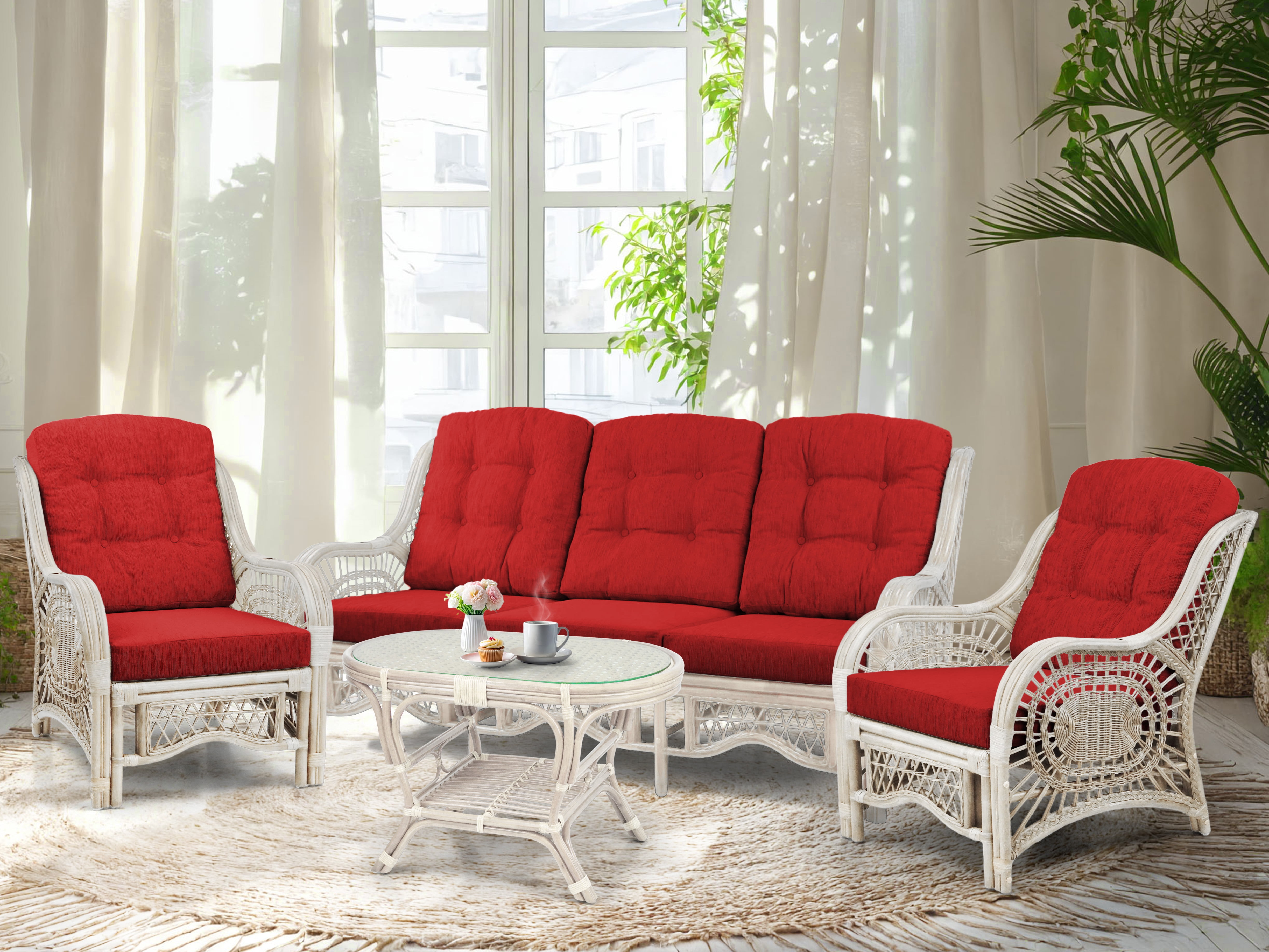 Malibu 4-Piece Natural Rattan Wicker Lounge Set with Red Cushions