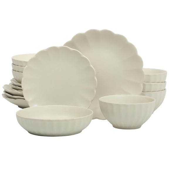 Malibu Shore 16 Piece Scallop Stoneware Reactive Glaze (Service for 4) Ceramic Plates and Bowls Dinnerware Set - Cream White