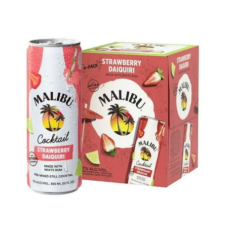 Malibu Strawberry Daiquiri Ready to Drink Rum Cocktail, 4 Pack, 12 Fl Oz Cans, 7% ABV