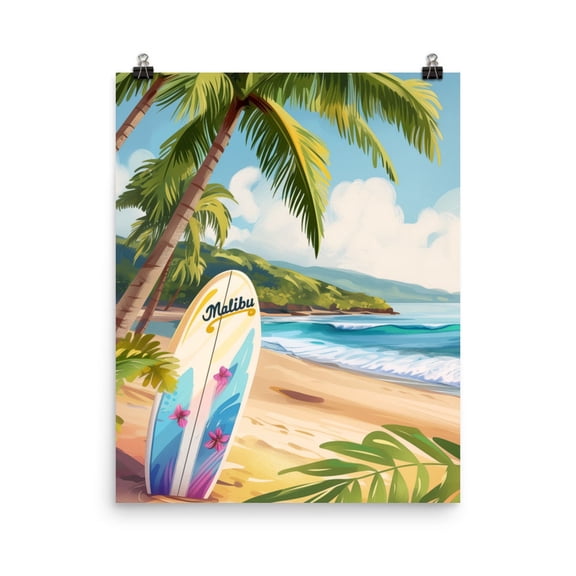 Malibu Surfboard Print, California Wall Art, Coastal Beach Poster, Pacific Ocean Artwork, Socal Seaside Decor, Tropical Surf Art Home Decor #3524, Unframed Poster Size 8x12
