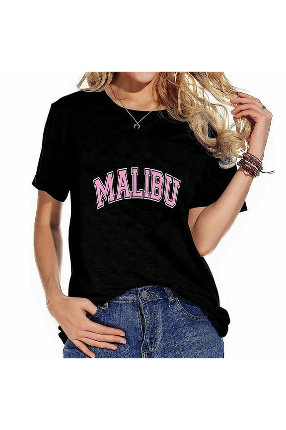 Malibu Varsity Style Pink Text With White Outline T-Shirt