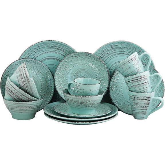 Malibu Waves Dinnerware Set, Turquoise Sand Embossed Stoneware, 16-Piece