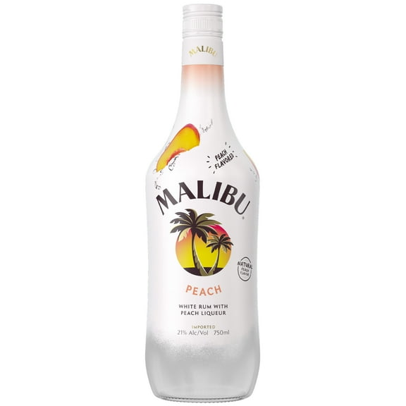 Malibu White Rum with Peach Liqueur, 750 ml Bottle, 21% ABV
