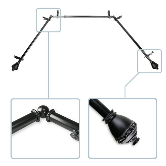 Malika 13/16" Bay Window curtain rod 20"-36", 38"-72" - Black,(ABay-95-2)