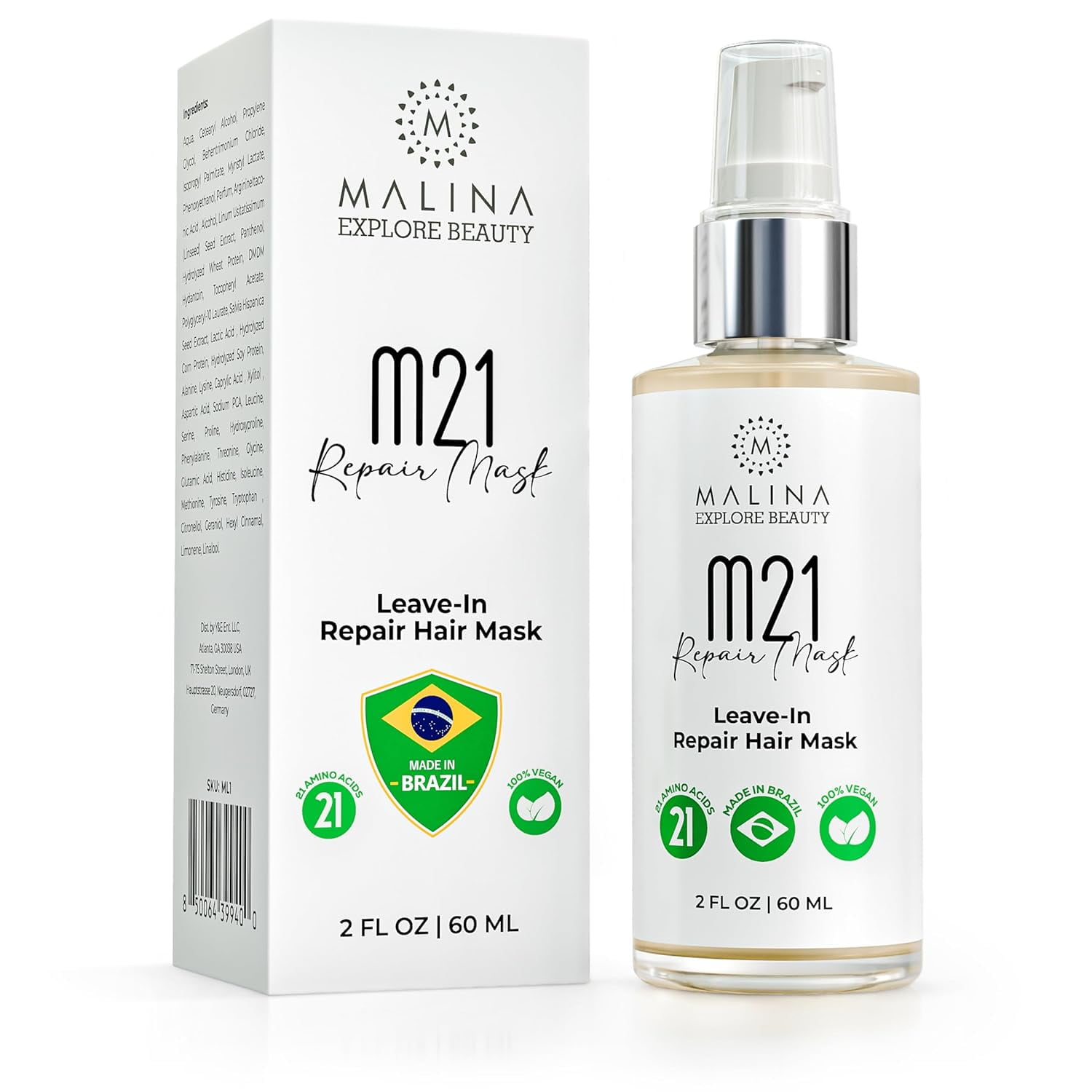 Malina Leave-In Repair Hair Mask for a Naturally Glowing Hair I Made in Brazil I Full XL size 2 Fl Oz