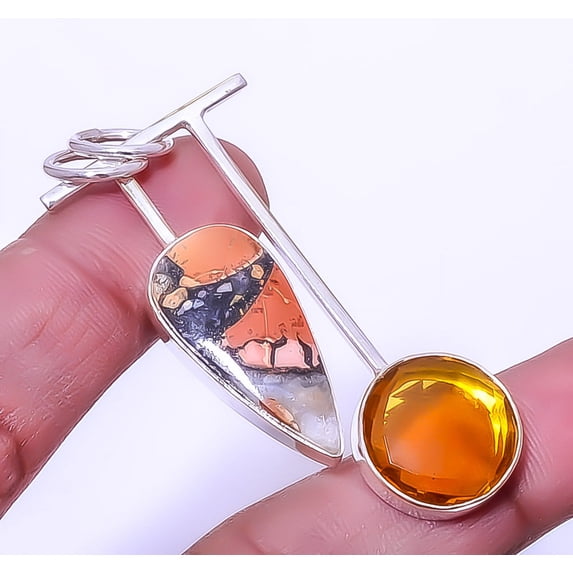 Malingano Jasper & Citrine Gemstone 925 Sterling Silver Pendant 2.15" A367, Christmas Gift, Gemstone Silver Jewelry, Jasper Pendant, New Year Sale
