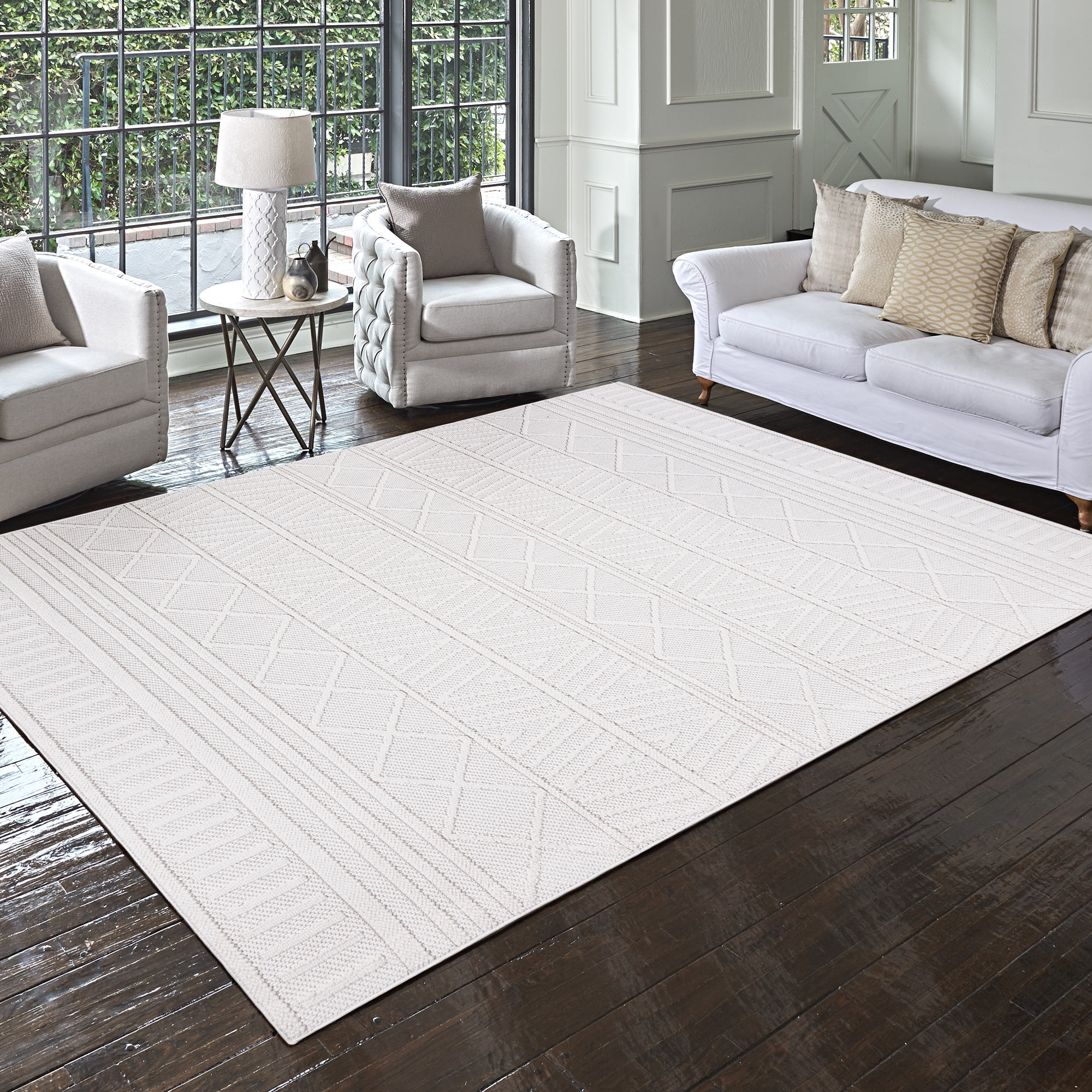 Gertmenian Malini Lana Cream Ivory Bohemian Geometric Tonal Polyester High-Low Indoor Area Rug, 8x10