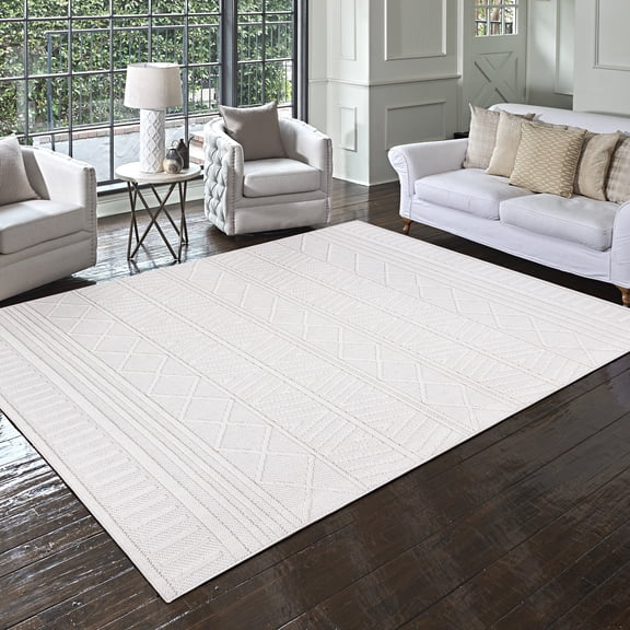 Gertmenian Malini Lana Cream Ivory Bohemian Geometric Tonal Polyester High-Low Indoor Area Rug, 9x13