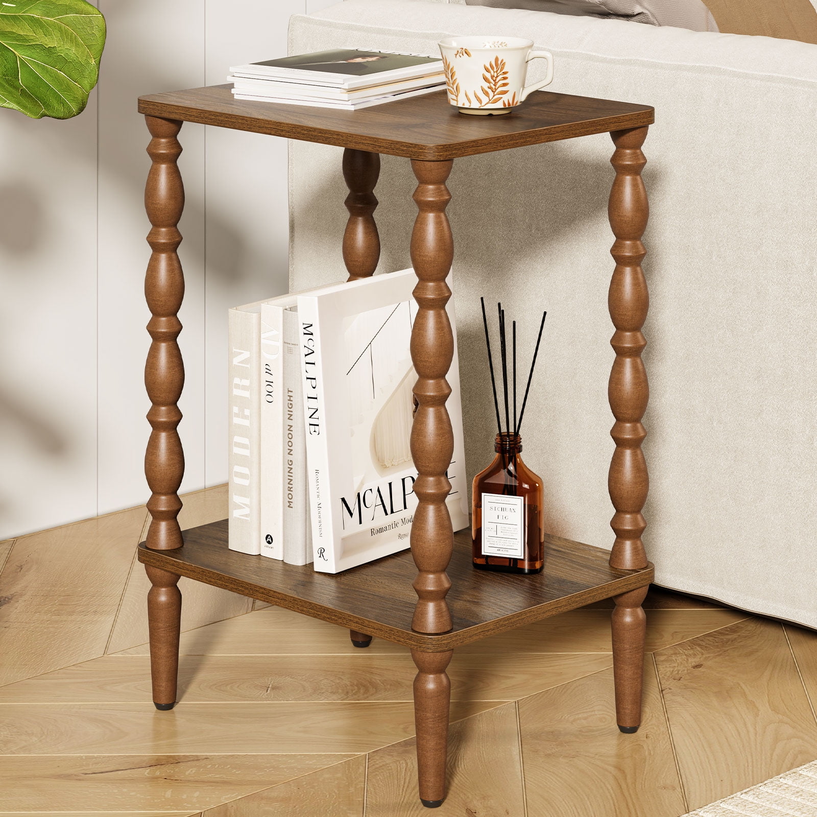 Maliowa 2-Tier Side Table, Small End Table for Living Room Bedroom with Storage Shelf, Vintage Accent Table Nightstand with Spindle Legs, Walnut