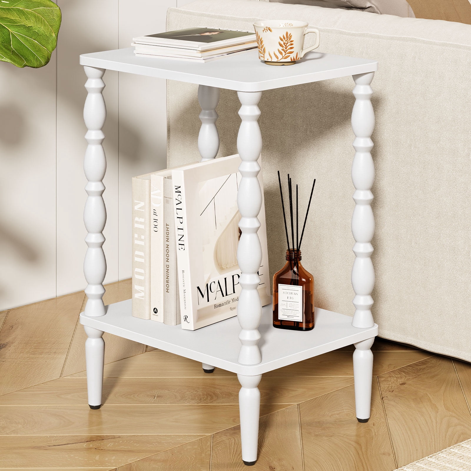 YUBO Co.ltd Maliowa 2-Tier Side Table, Small End Table for Living Room Bedroom with Storage Shelf, Vintage Accent Table Nightstand with Spindle Legs, White