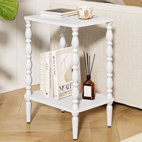 Maliowa 2-Tier Side Table, Small End Table for Living Room Bedroom with Storage Shelf, Vintage Accent Table Nightstand with Spindle Legs, White