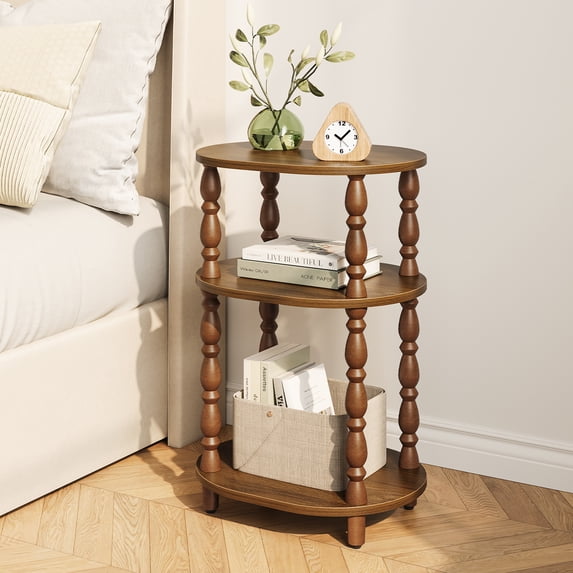 Maliowa 3-Tier Small Side Table, Oval End Table with Spindle Legs, Accent Night Stand with Storage Shelf for Living Room Bedroom Narrow Spaces, Walnut