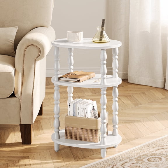 Maliowa 3-Tier Small Side Table, Oval End Table with Spindle Legs, Accent Night Stand with Storage Shelf for Living Room Bedroom Narrow Spaces, White