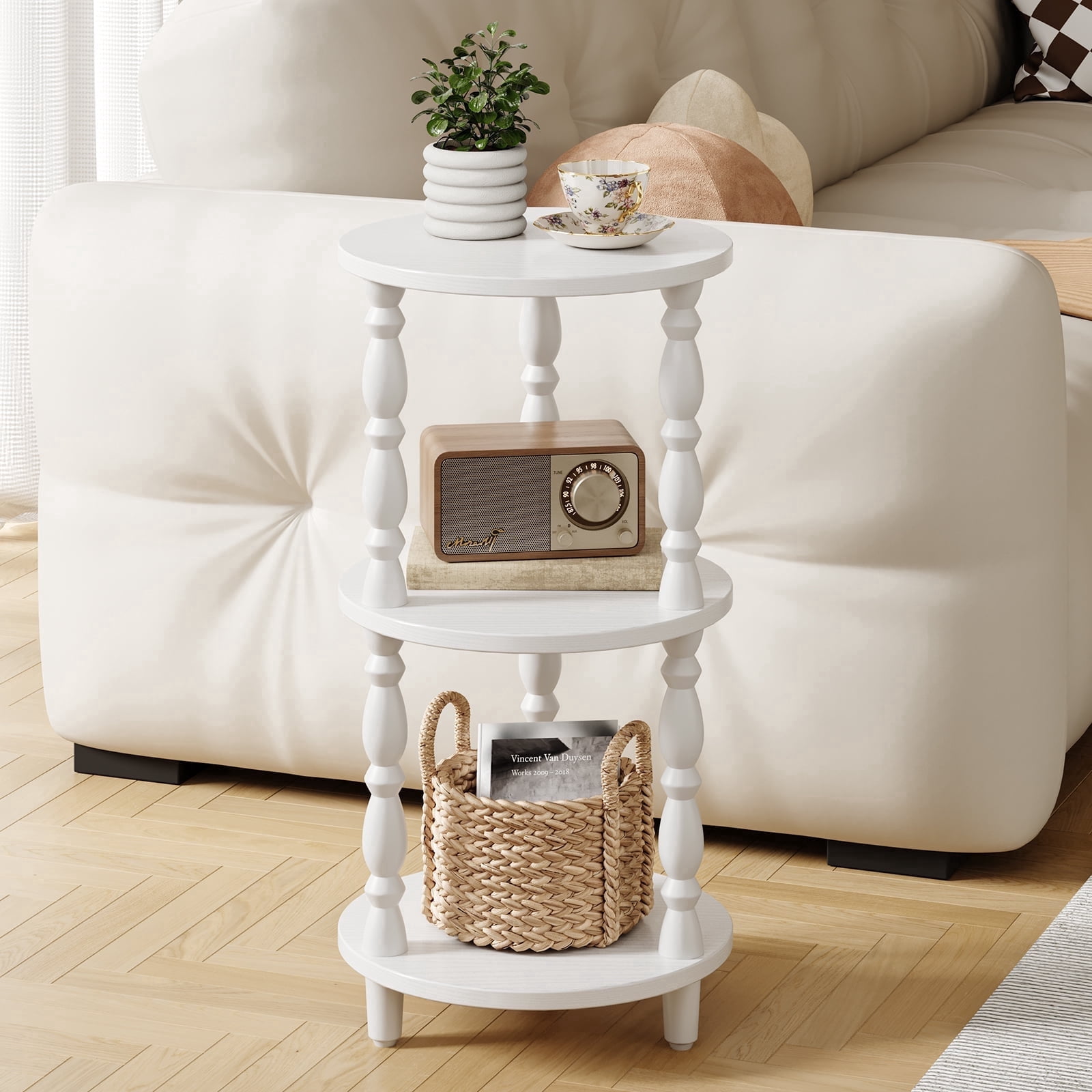 YUBO Co.ltd Maliowa 3-Tier Side Table, Small Round End Table for Living Room Bedroom, Accent Table Narrow Nightstand with Storage Shelf, White