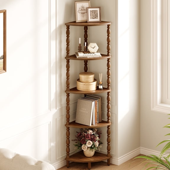 Maliowa 5-Tier Corner Shelf Stand, Vintage Corner Bookshelf with Storage, Tall Wood Display Shelf for Small Spaces, Living Room, Kitchen & Bedroom, Walnut