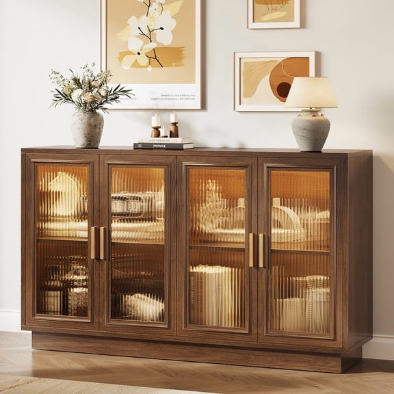 Maliowa 55" LED Sideboard Buffet Cabinet, Kitchen Storage Cabinet with 4 Acrylic Doors & Adjustable Shelf, Wood Coffee Bar for Living Room, Brown