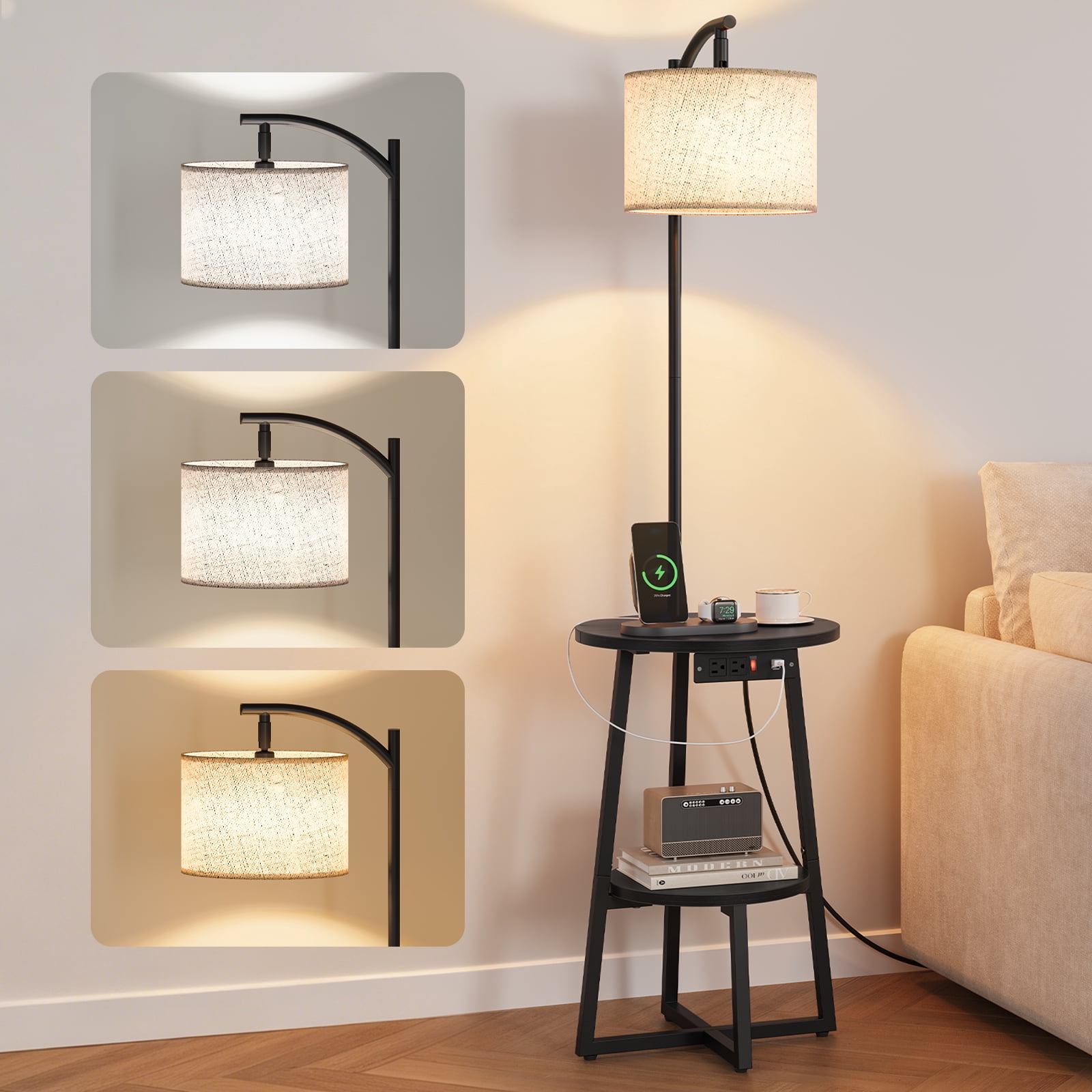 YUBO Co.ltd Maliowa Floor Lamp with Table, Side Table with Floor Lamps & Charging Station , End Table for Living Room Bedroom, Black