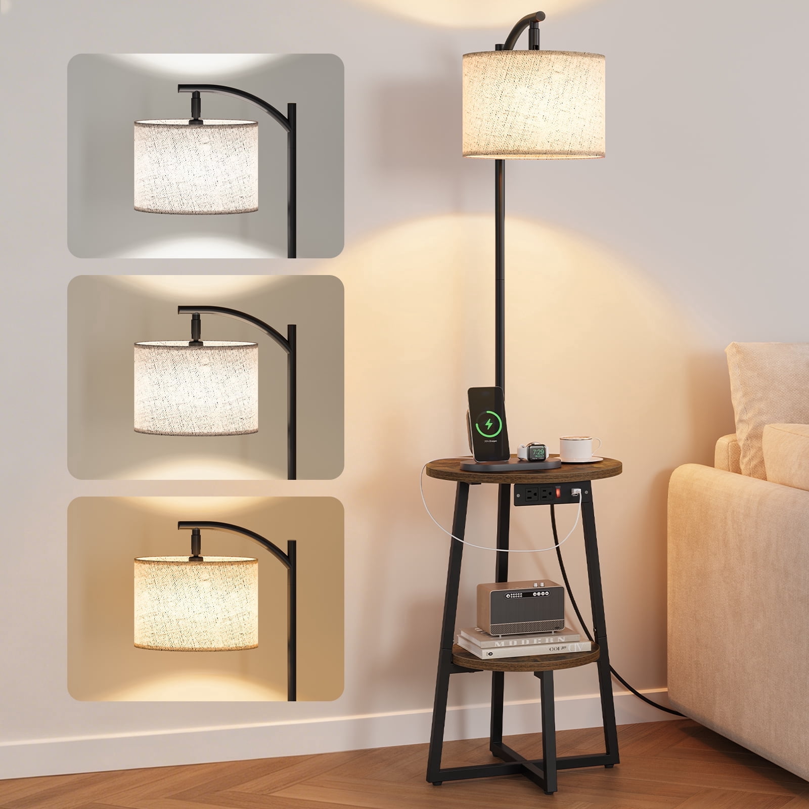 YUBO Co.ltd Maliowa Floor Lamp with Table, Attached End Table with Dimmable Lamp & Charging Station, Side Table Lamps for Living Room Bedroom, Walnut Brown