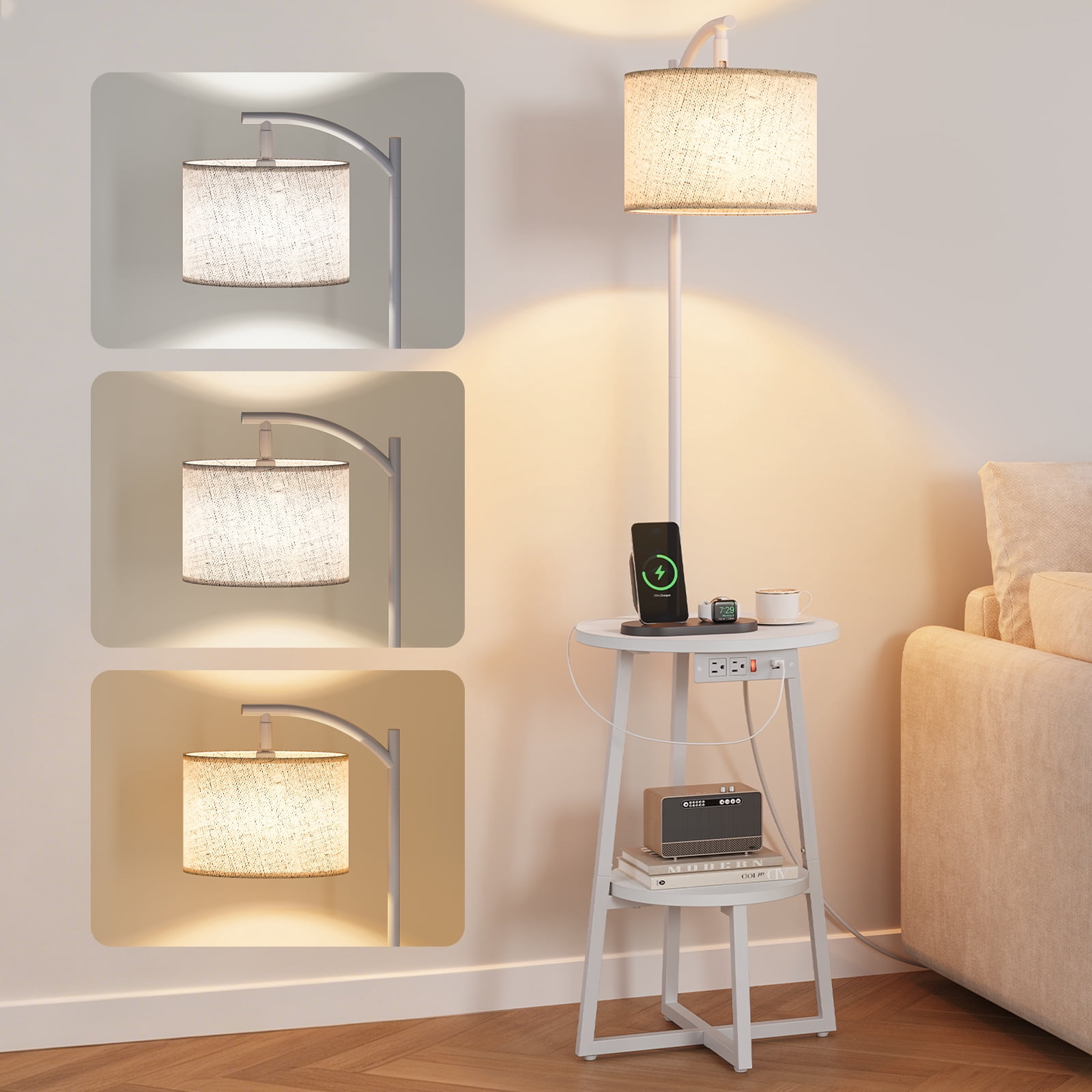 YUBO Co.ltd Maliowa Floor Lamp with Table, Side Table with Floor Lamps for Living Room Bedroom, End Table Lamp with Charging Station, White