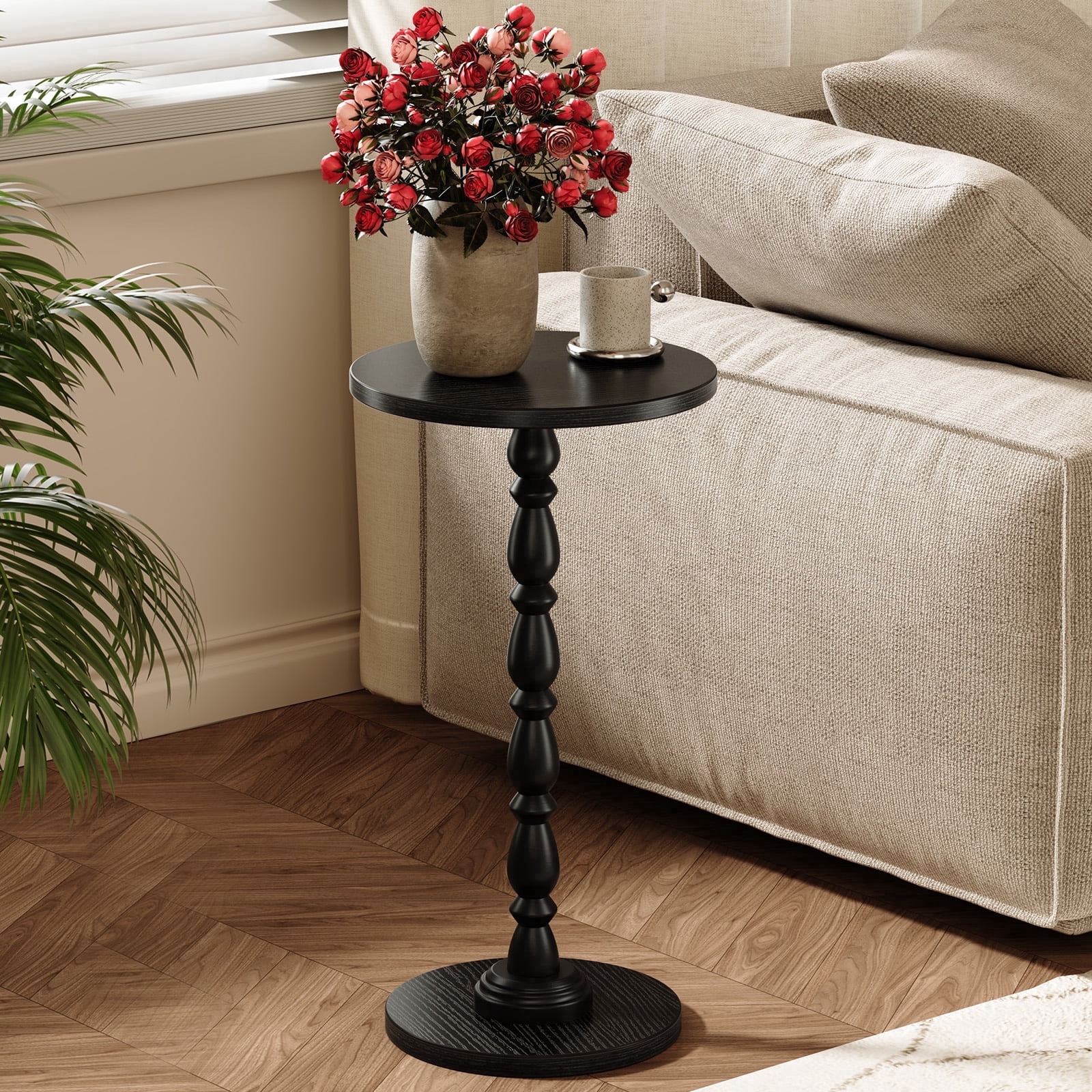 YUBO Co.ltd Maliowa Small Side Table, Round End Tables with Solid Wood Leg, Accent Drink Table for Living Room Bedroom Small Spaces, Black
