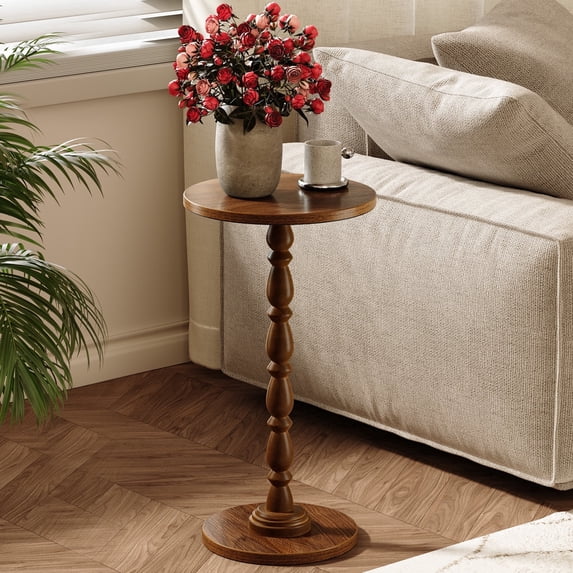 Maliowa Small Side Table, Round End Tables with Solid Wood Leg, Accent Drink Table for Living Room Bedroom Small Spaces, Walnut