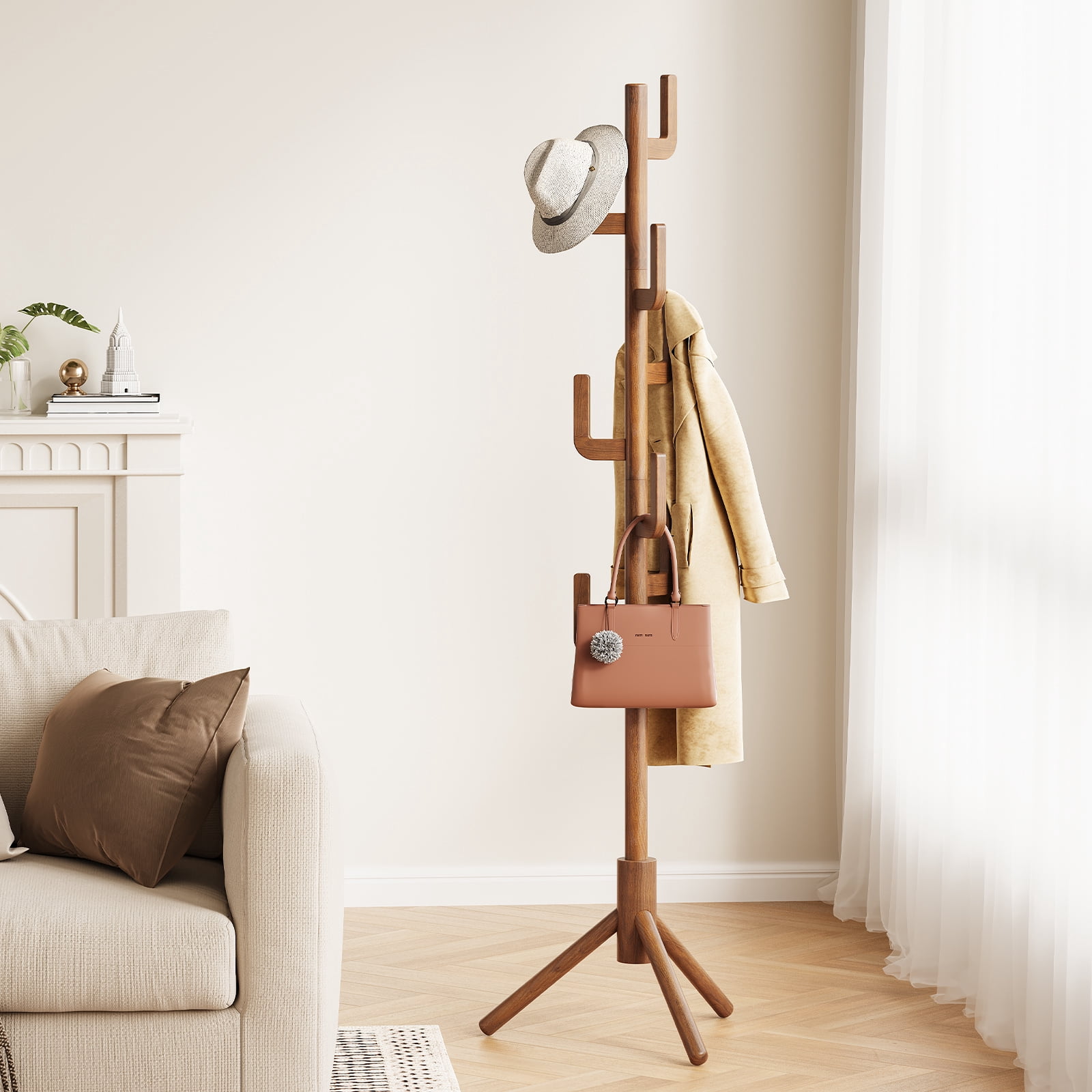 YUBO Co.ltd Maliowa Solid Wood Coat Rack Freestanding, Cactus Coat Tree with 8 Hooks for Jacket, Hat, Clothes, Coat Hanger Stand for Hall, Entryway, Bedroom