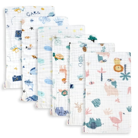 Maliton 6 Pack Baby Muslin Burp Cloth for Boys & Girls - 100% Cotton Extra Large 20"x10" - 6 Layers Thicken Super Soft Absorbent - White Animal