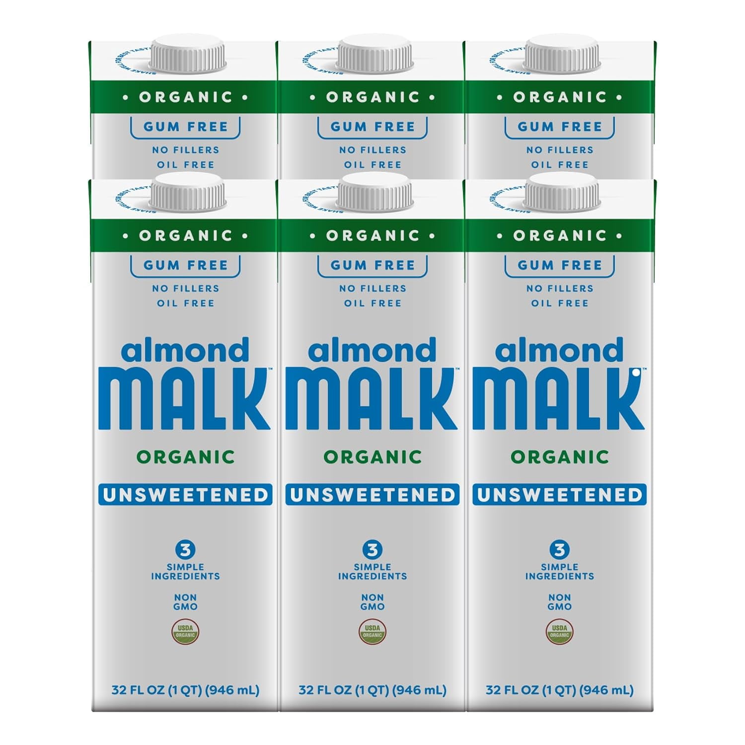 Malk Organic Unsweetened Almond Milk 32 fl oz 6 pack Non GMO, Whole 30 approved, Dairy