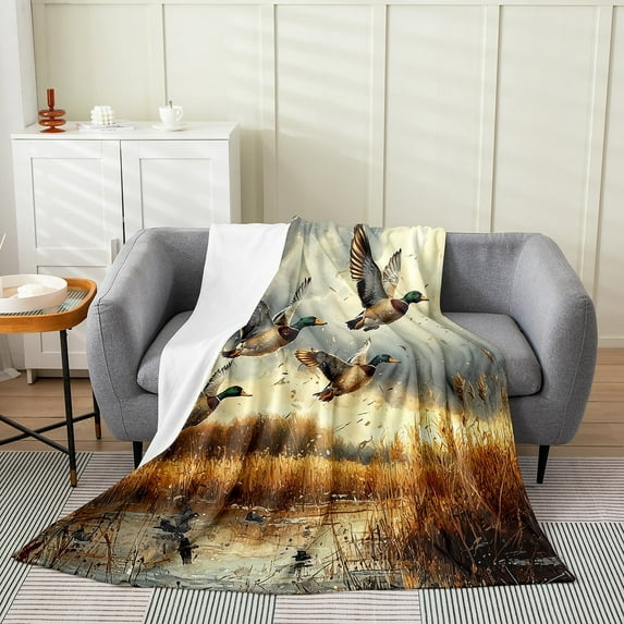 Mallard Blanket 40x50,Hunting Wildlife Duck Throw Blanket For Sofa Bed Couch,Animals Safari Printed Adults Soft Fleece Blanket,Brown Gray Fall Winter All Seasons Fuzzy Blanket
