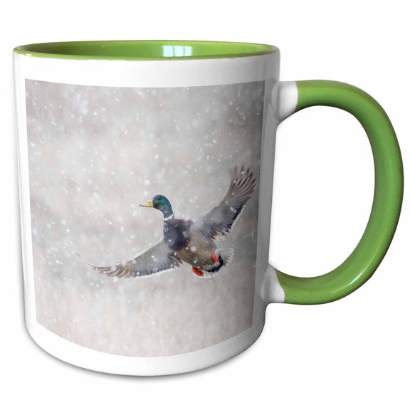 3drose, Mallard Drake Flying in Heavy Snow, 11oz Two-tone Green Mug